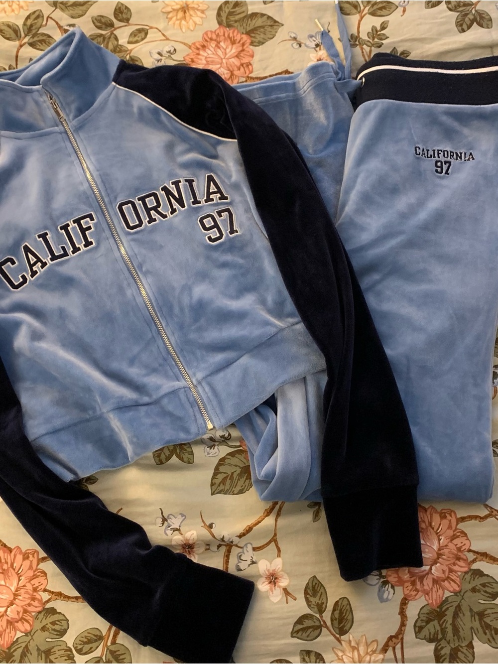 Zara Light Blue & Navy 'California 97' Velour Tracksuitr